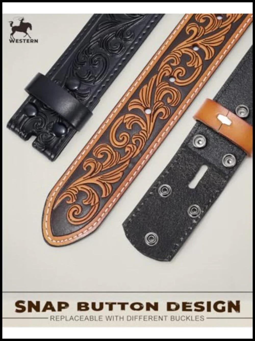 Western Leather Belt Strap 2 Pack, Embossed Cowboy Belt, Snap Closure,